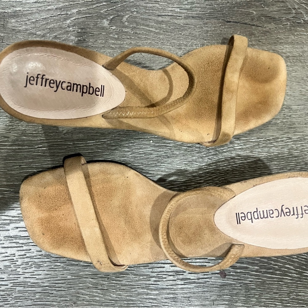 Jeffrey Campbell Tan Suede Minimal Strappy Square-Toe Heels